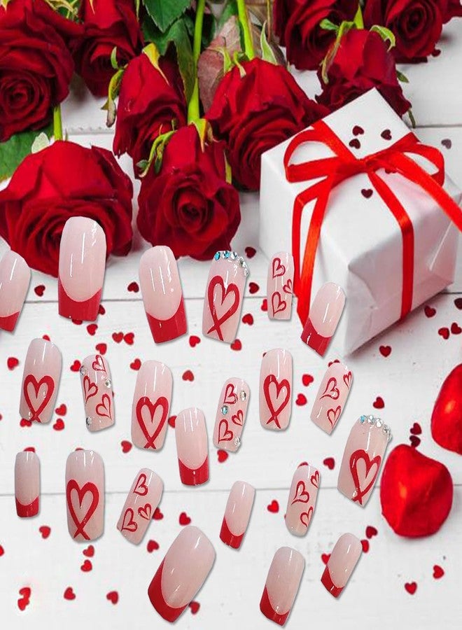BSBTBZ Square Press on Nails Medium -French Tip Press on Nails Red Heart Deign,Glossy Pink Fake Nails with Rhinestone Design,Reusable Artificial False Nails with Glue on Nails Valentine's Day for Women 24PCS - Image 5